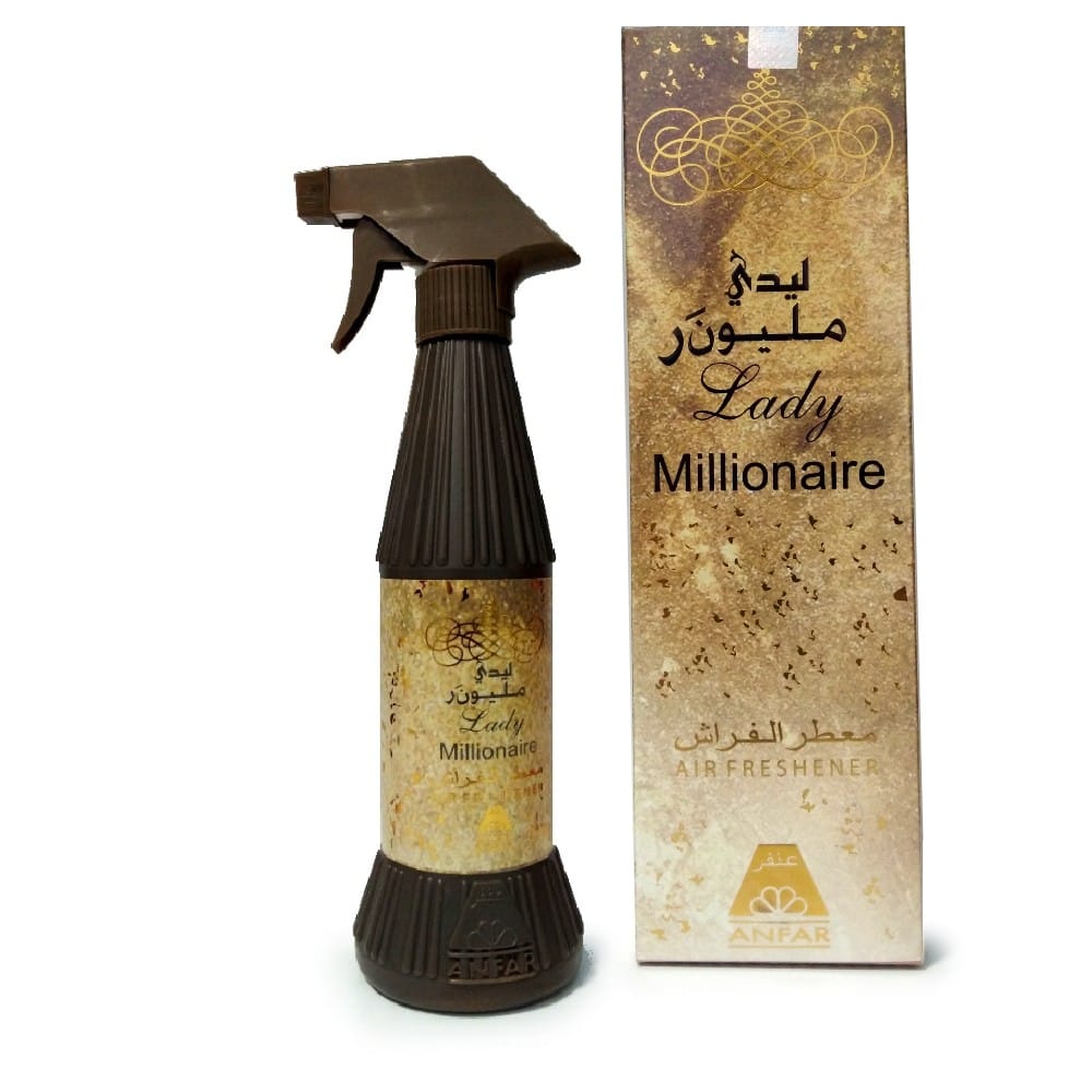 Lady Millionaire air freshener by Anfar. Includes a dark brown spray bottle and a gold-speckled box.