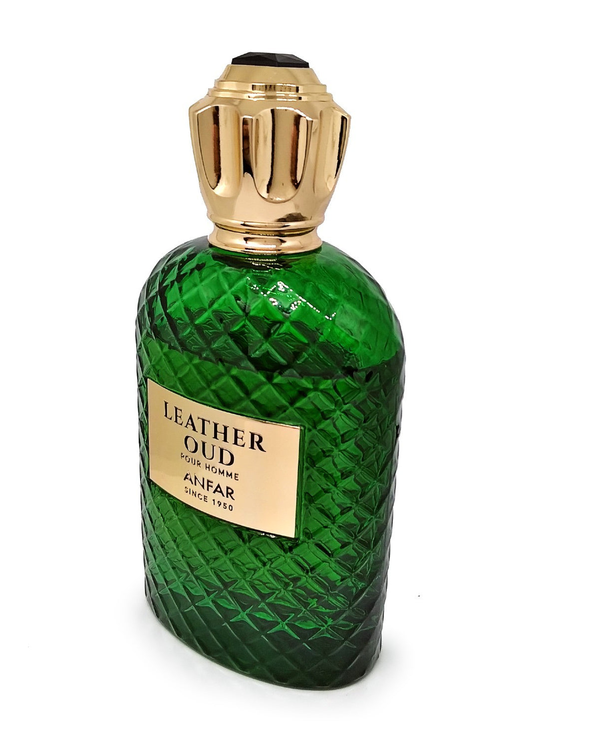 Anfar Leather Oud Pour Homme perfume in a green quilted glass bottle with an ornate gold cap.