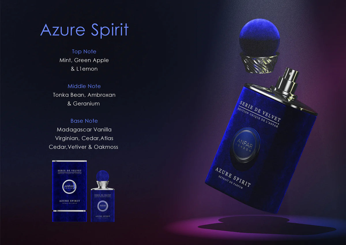 Azure Spirit by Anfar London – 100ml Série de Velvet Mint, Citrus & Woody Perfume Bottle