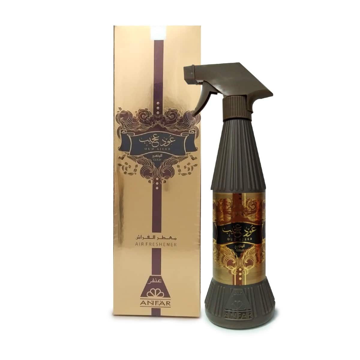 Anfar Oud Ajeeb air freshener in a brown spray bottle next to its decorative gold and brown box.