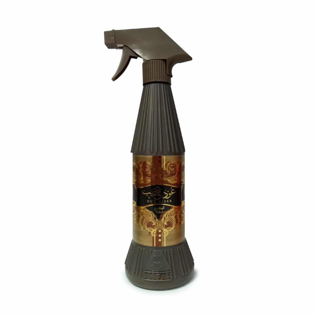 Anfar Oud Ajeeb Gold room spray in a brown trigger bottle with a decorative gold label and Arabic script.