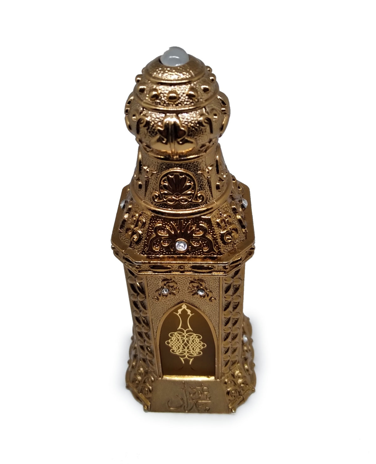 Ornate gold perfume bottle shaped like a Middle Eastern lantern with intricate patterns and small gems.