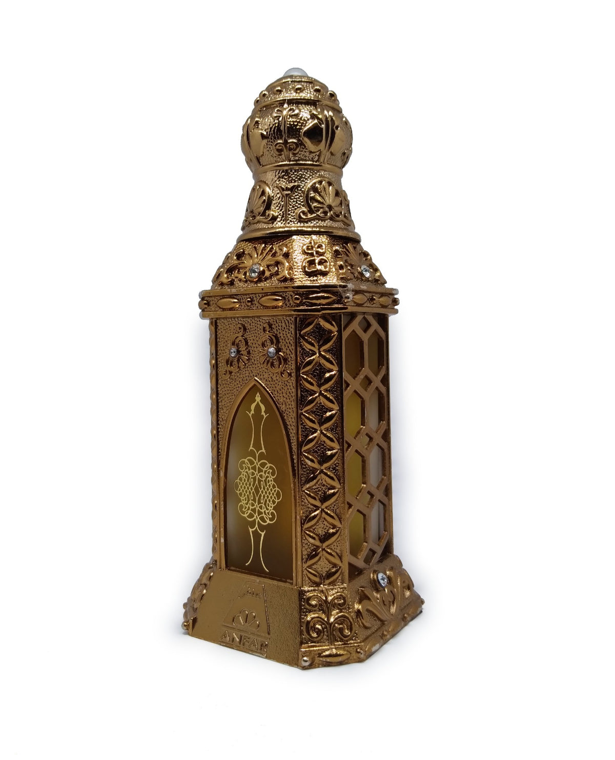 Ornate gold perfume bottle shaped like a Middle Eastern lantern with intricate patterns and small gems.
