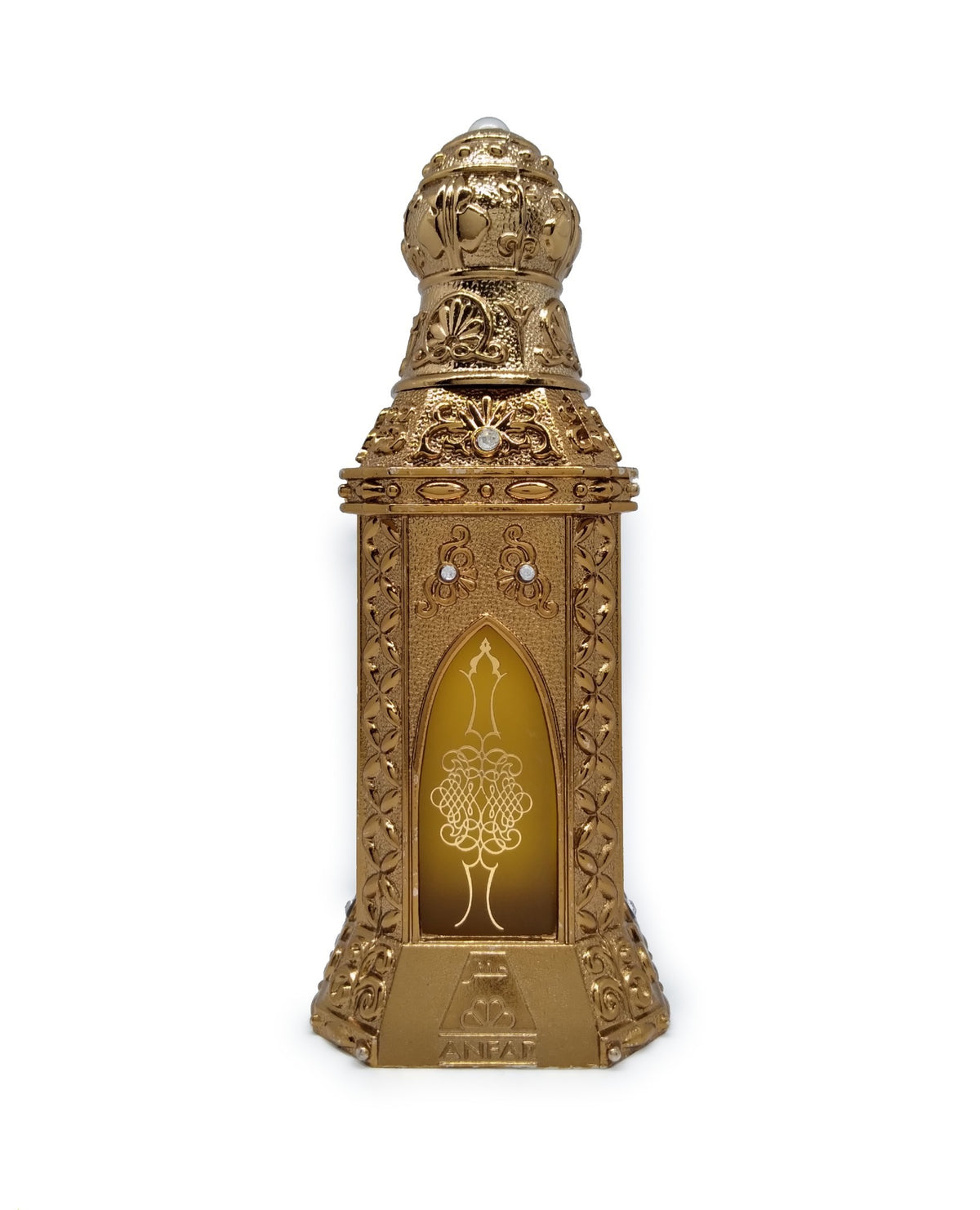 Ornate gold Ajmal fragrance bottle with intricate filigree, crystals, and amber liquid visible.