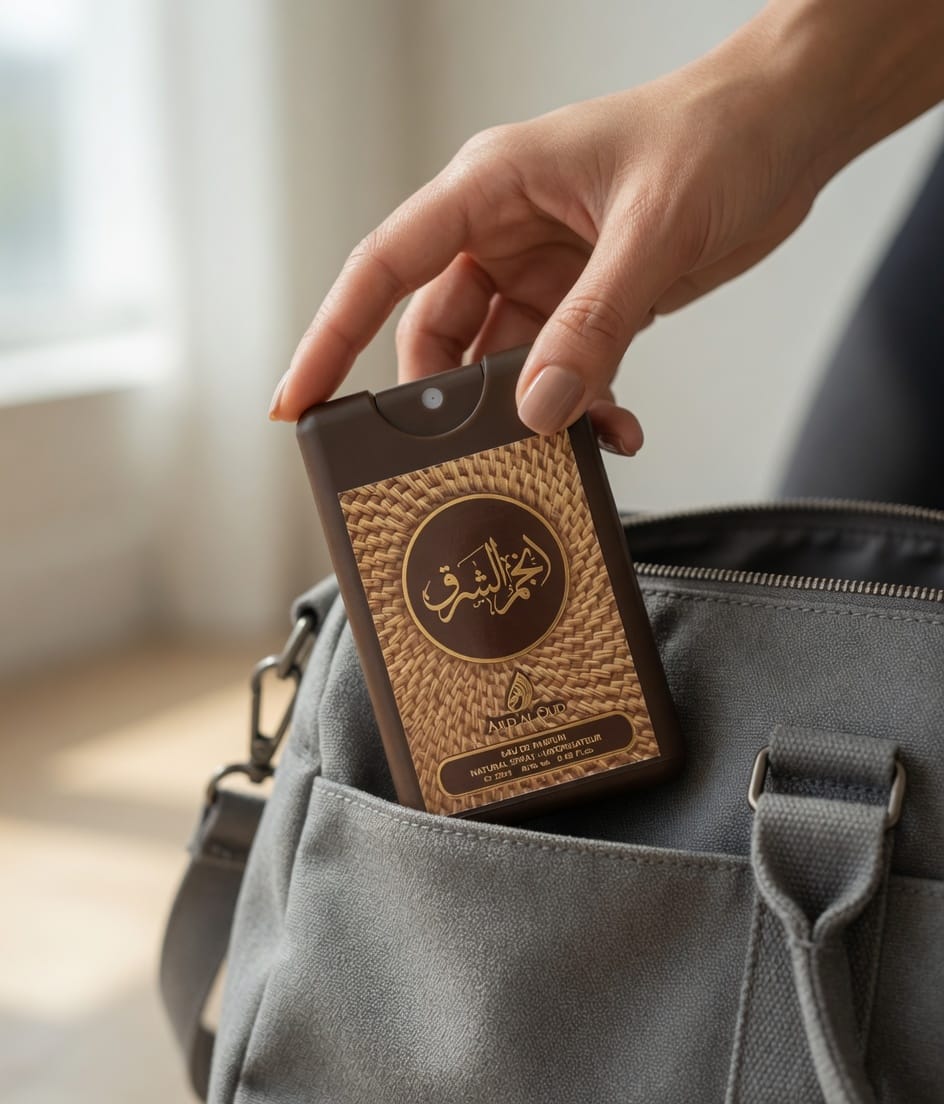 Placing Anjam Al Sharq 20ml travel perfume bottle into handbag, slim pocket size perfume by Ard Al Oud