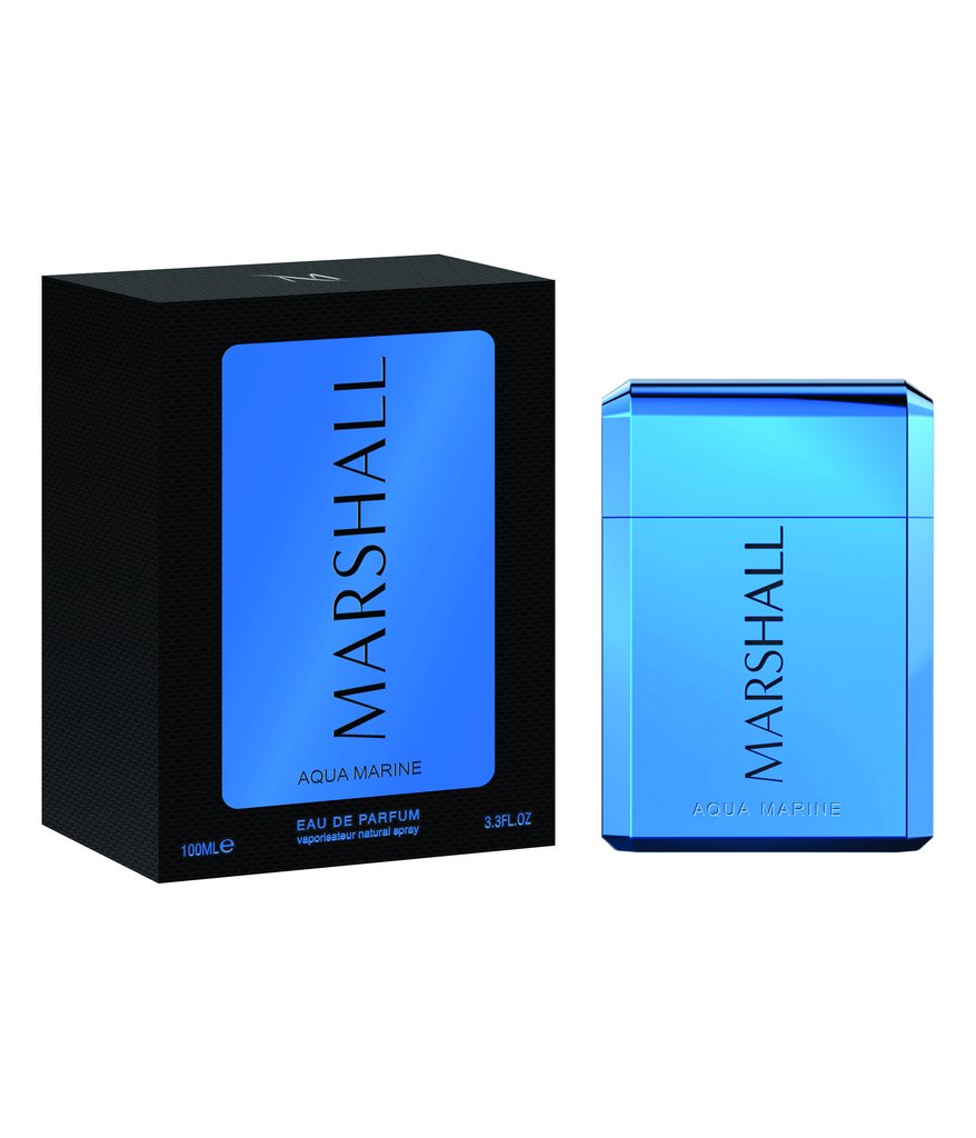 Marshall Aqua Marine Eau De Parfum, shown in its metallic blue bottle and black and blue box.