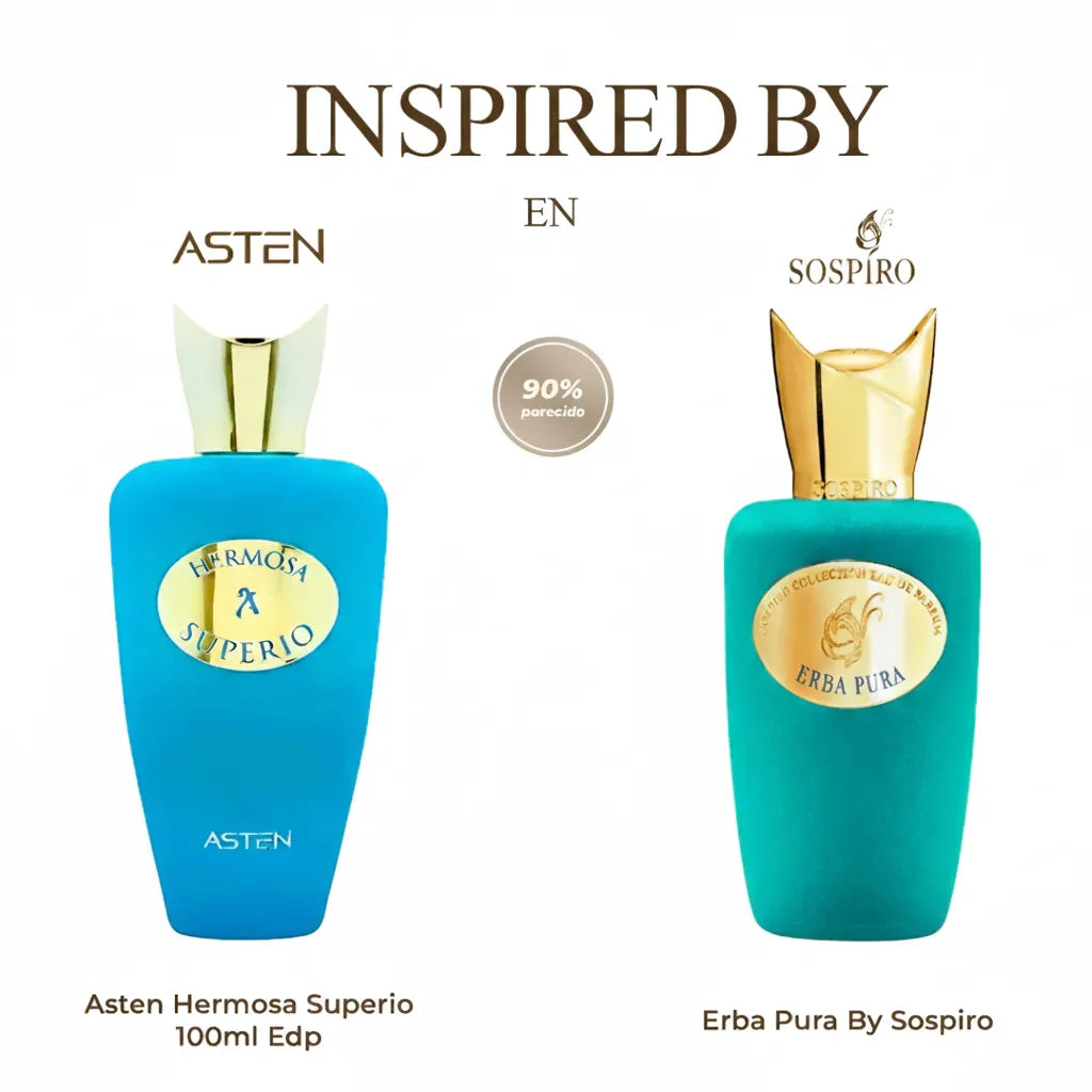 Comparison showing Asten Hermosa Superio perfume as 90% similar to Erba Pura by Sospiro.