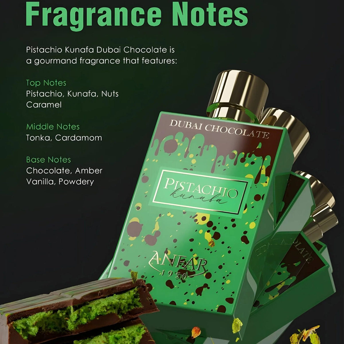 Pistachio Kunafa 80ml Perfume by Anfar – Dubai fragrance with chocolate, pistachio, and Middle Eastern dessert notes