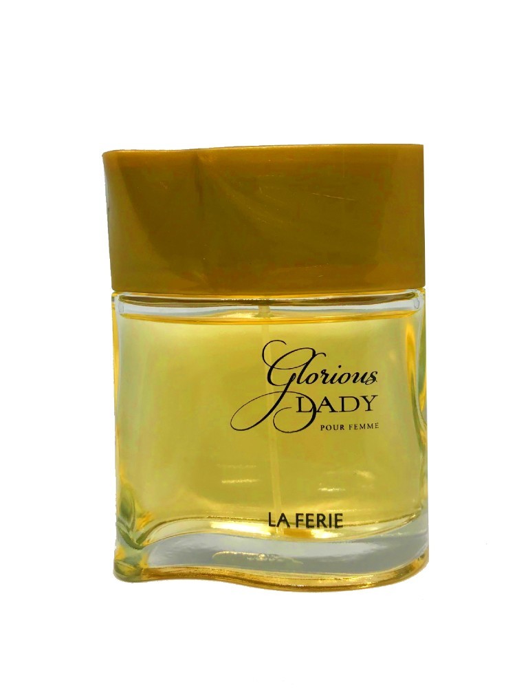 La Ferie Glorious Dady Pour Femme perfume bottle with golden liquid and a rectangular gold cap.