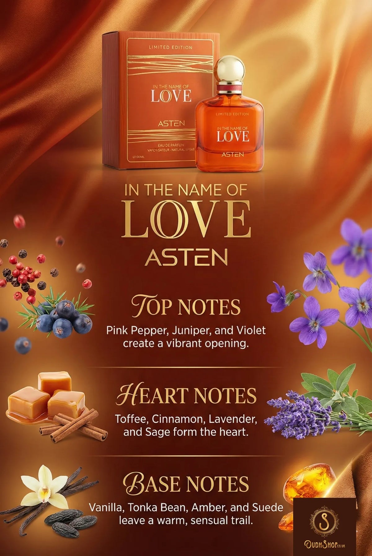 Gourmand Perfume - fall for the irresistible charm of In The Name of Love by Asten, a luxurious 100ml Eau de Parfum Inspired by the iconic Giorgio Armani Stronger With You Amber (Intensely).