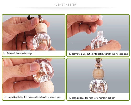 Four steps for using a car air freshener: open wooden cap, add oil, invert to saturate cap, then hang on mirror.