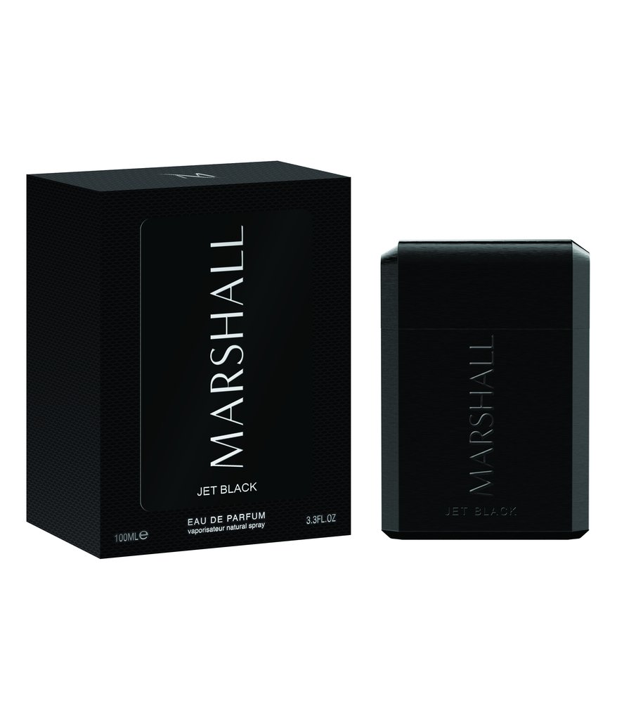Marshall Jet Black Eau de Parfum 100ml bottle and box in a sleek, textured matte black with silver text.