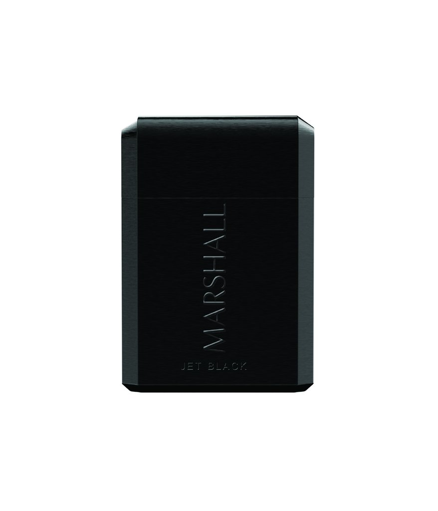 Sleek jet black Marshall bottle with vertical "MARSHALL" and horizontal "JET BLACK" text