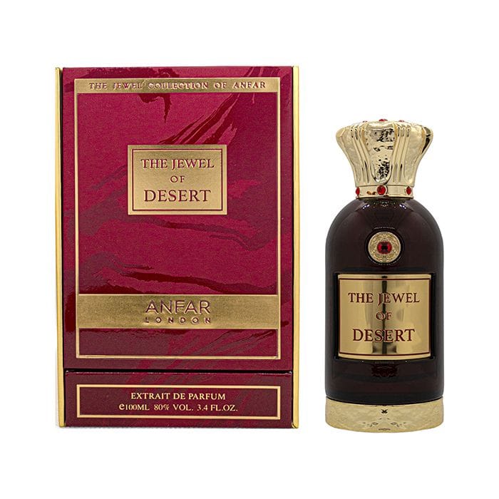 Luxury Arabian Vanilla Oud Perfume The Jewel of Desert by Anfar – 100ML uni extrait de parfum bottle with fruity and woody notes packaging