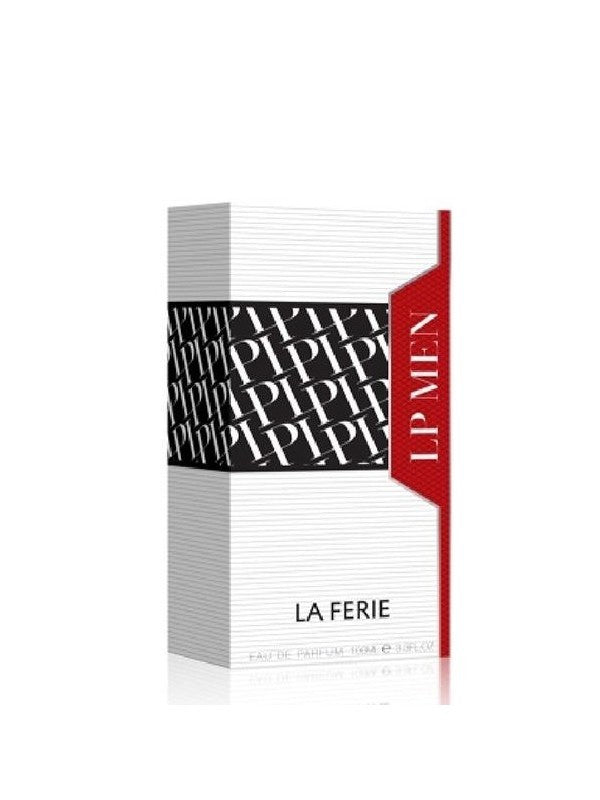 La Ferie LP Men Eau de Parfum (100ml) box: white textured with a black logo band and red side accent.