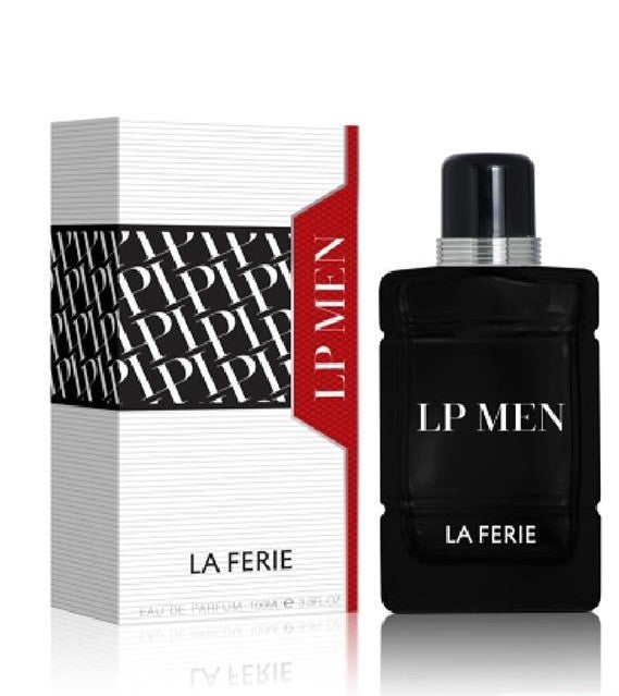 LP MEN by LA FERIE eau de parfum for men, featuring a black bottle and its white and red box.