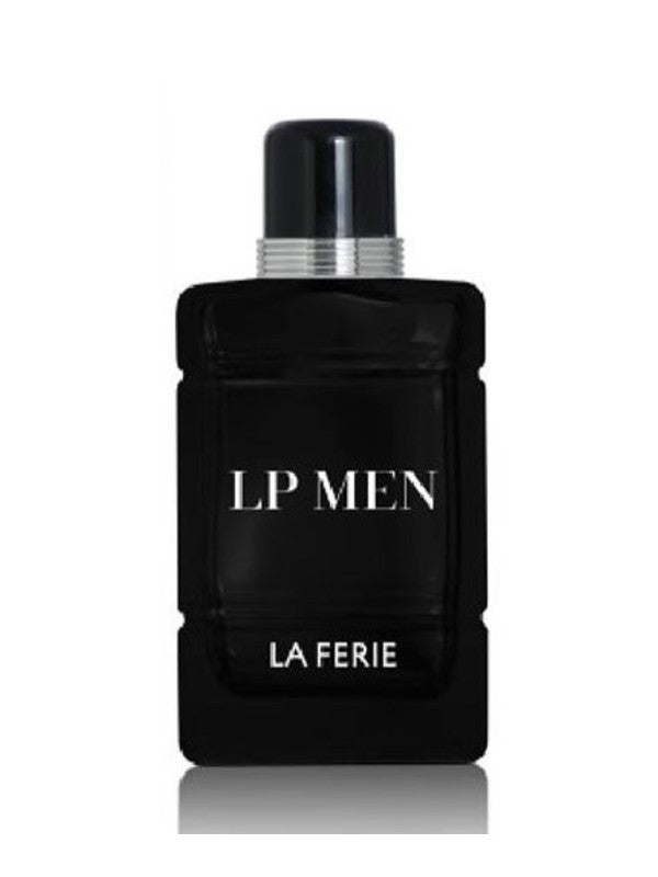 LP MEN by LA FERIE: sleek black cologne bottle with a silver-banded black cap.