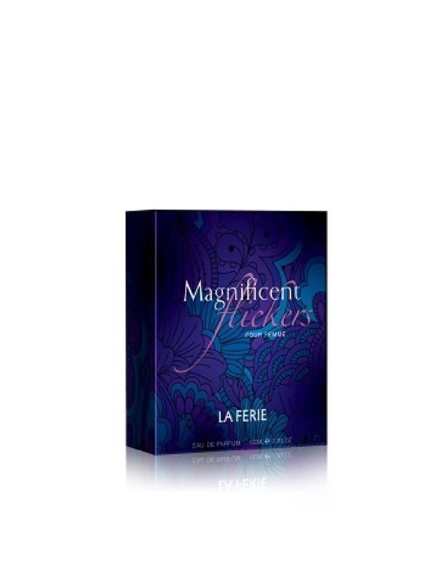 Magnificent Flickers by LA FERIE perfume box with a dark purple and blue floral pattern.