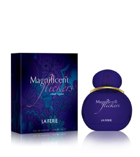 LA FERIE Magnificent Flickers Pour Femme perfume bottle and patterned purple box.