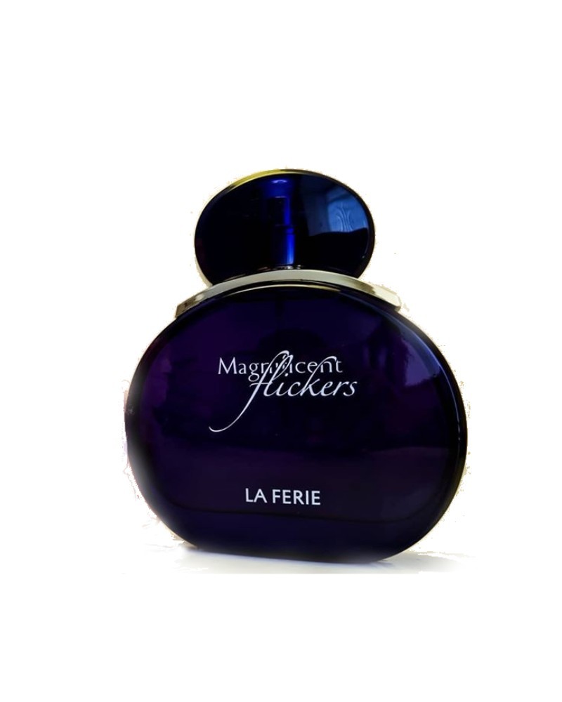 Rounded dark purple perfume bottle with "Magnificent Flickers" and "LA FERIE" printed on the front.
