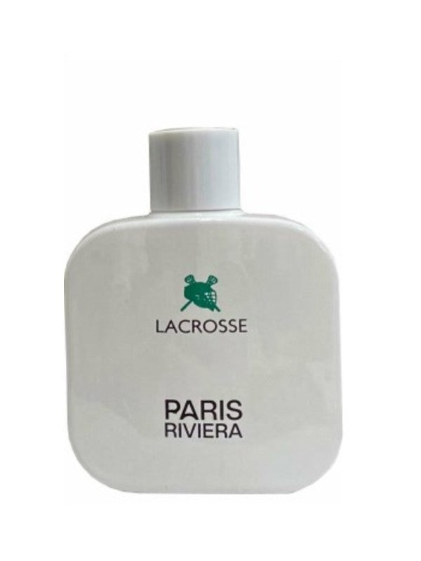White cologne bottle with a green lacrosse helmet logo and the text "LACROSSE PARIS RIVIERA".