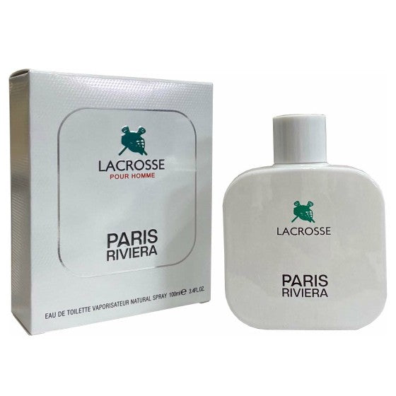 White box and bottle of Lacrosse Pour Homme Paris Riviera cologne with a green lacrosse helmet logo.