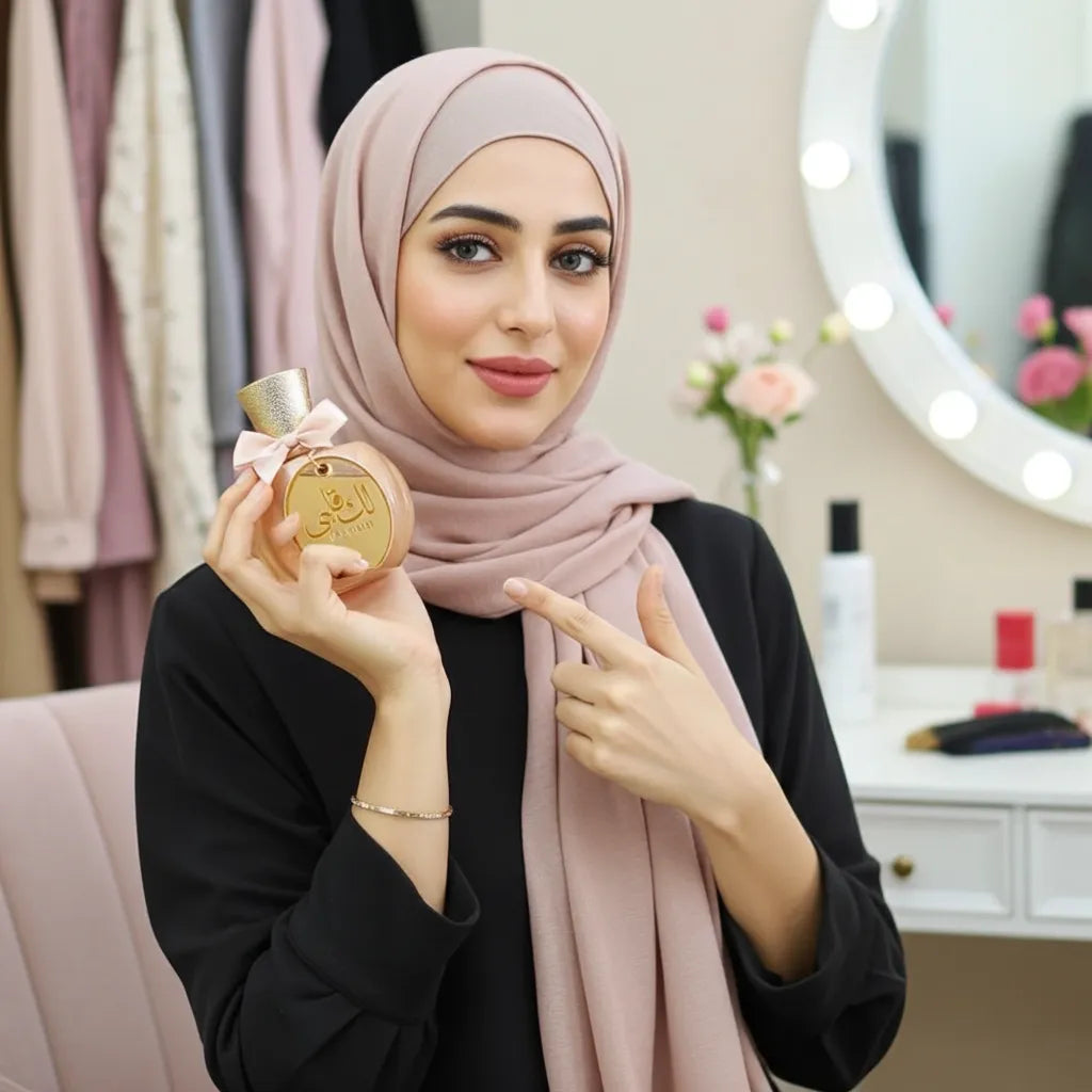 a female showing luxury musk perfume lak qalbi 100ml edp by adyan perfume bottle
