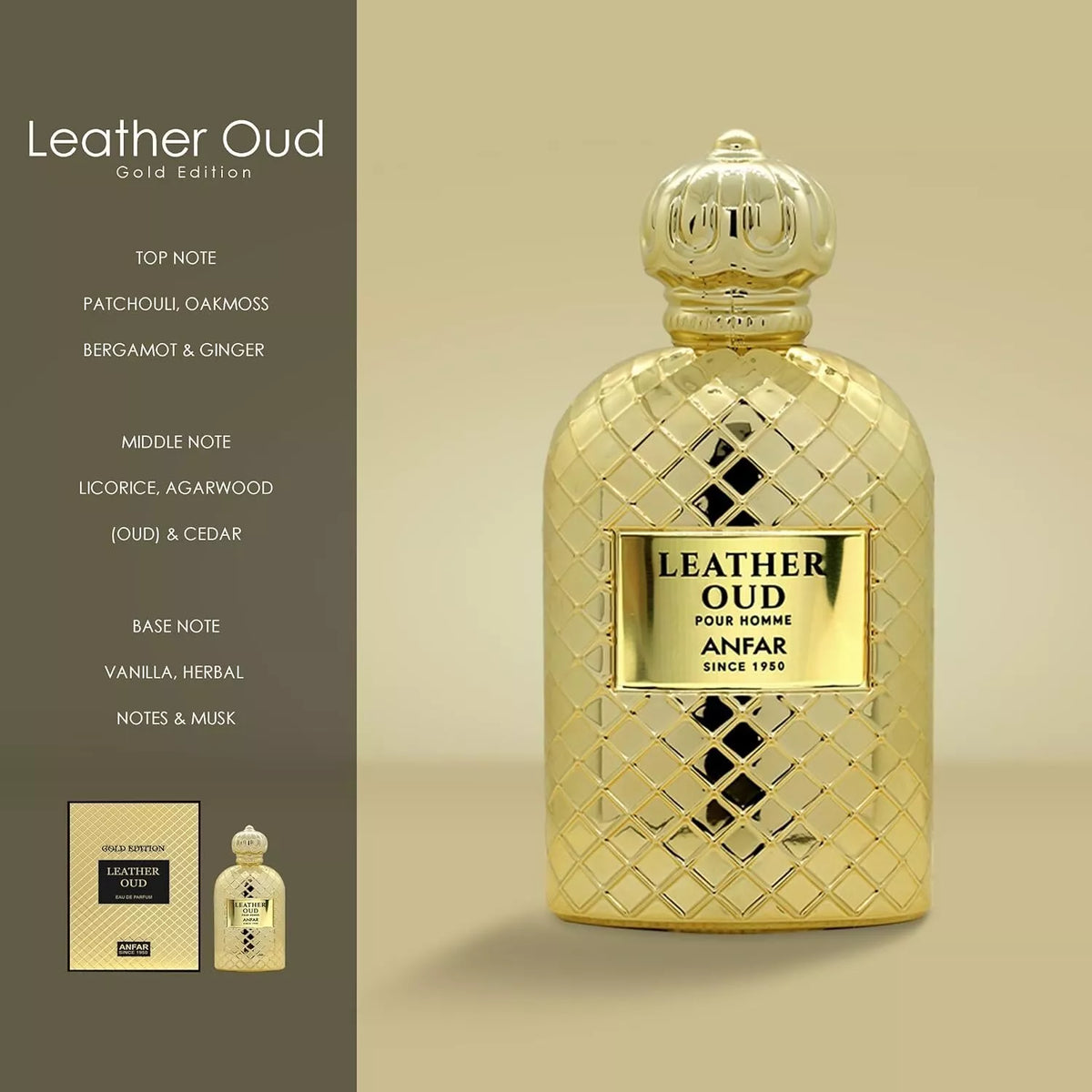 Luxury leather Oud Perfume for men Leather Oud Gold Extrait de Parfum by Anfar – Long-Lasting