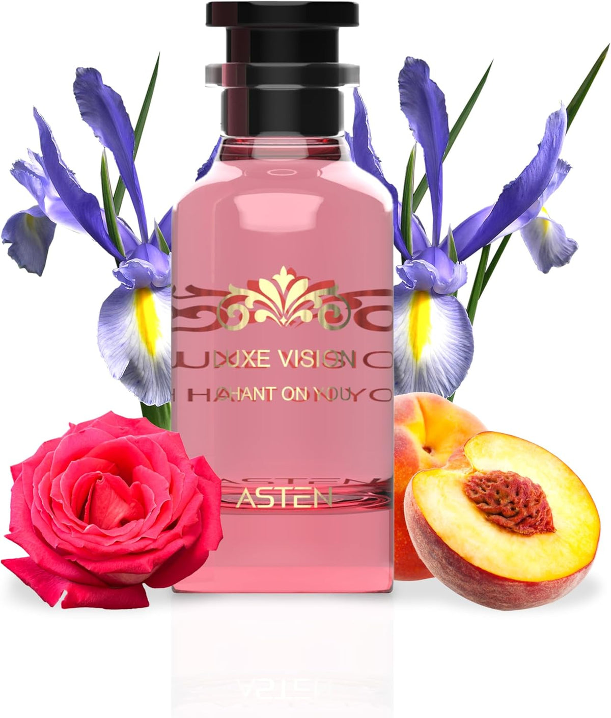 Asten Luxe Vision perfume bottle with pink liquid, surrounded by a pink rose, purple irises, and a sliced peach.