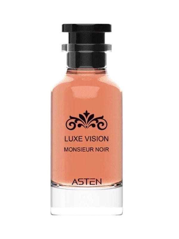 Asten Luxe Vision Monsieur Noir 100ml EDP bottle. Black and gold bottle with a minimalist design.