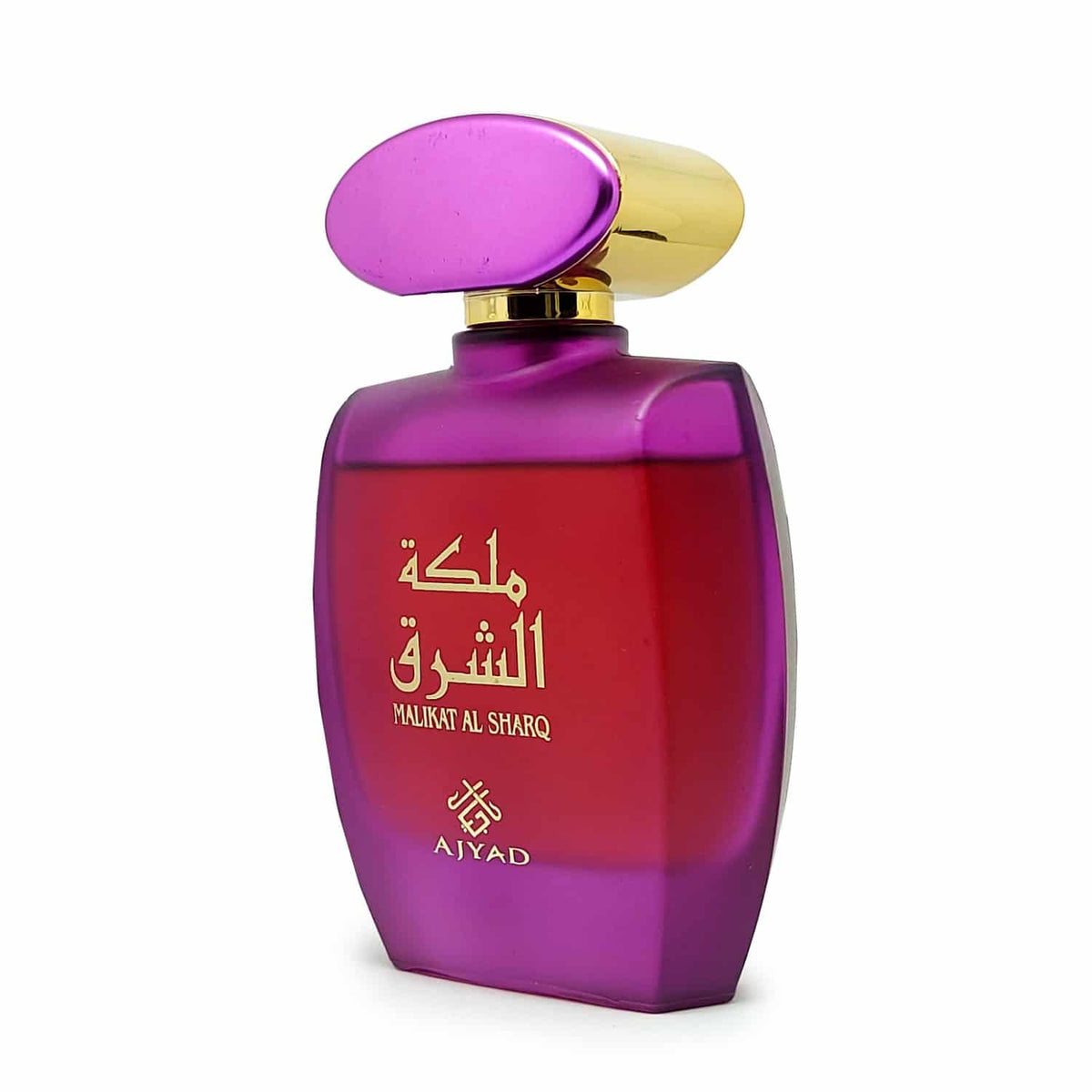 Purple and red Malikat Al Sharq perfume bottle by Ajyad with a gold and purple cap.