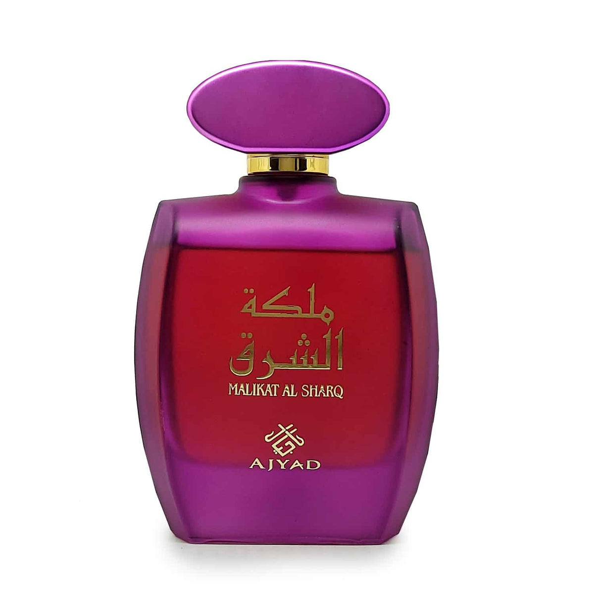 Purple and red Ajyad Malikat Al Sharq perfume bottle with gold lettering and an oval cap.