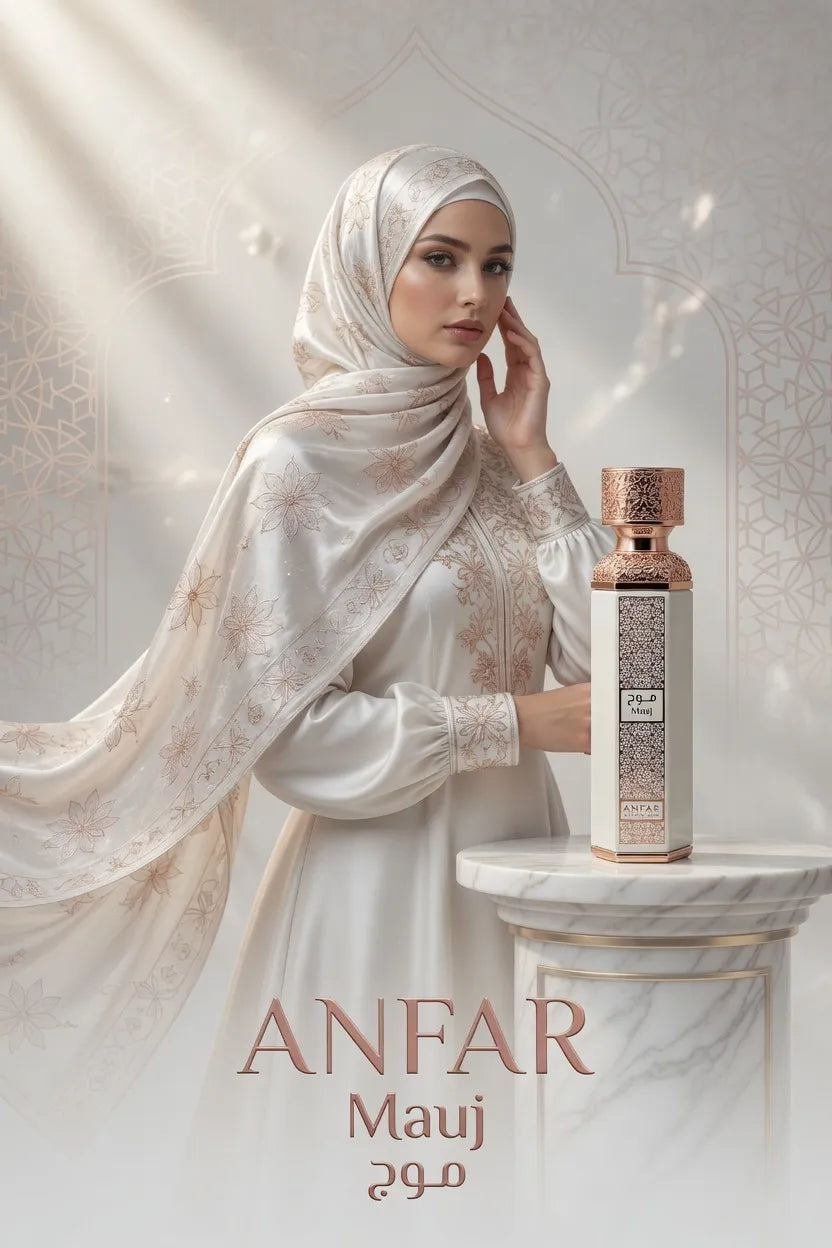a lady is presenting the beautiful white musk fragrance perfume bottle mauj by anfar 200ml edp