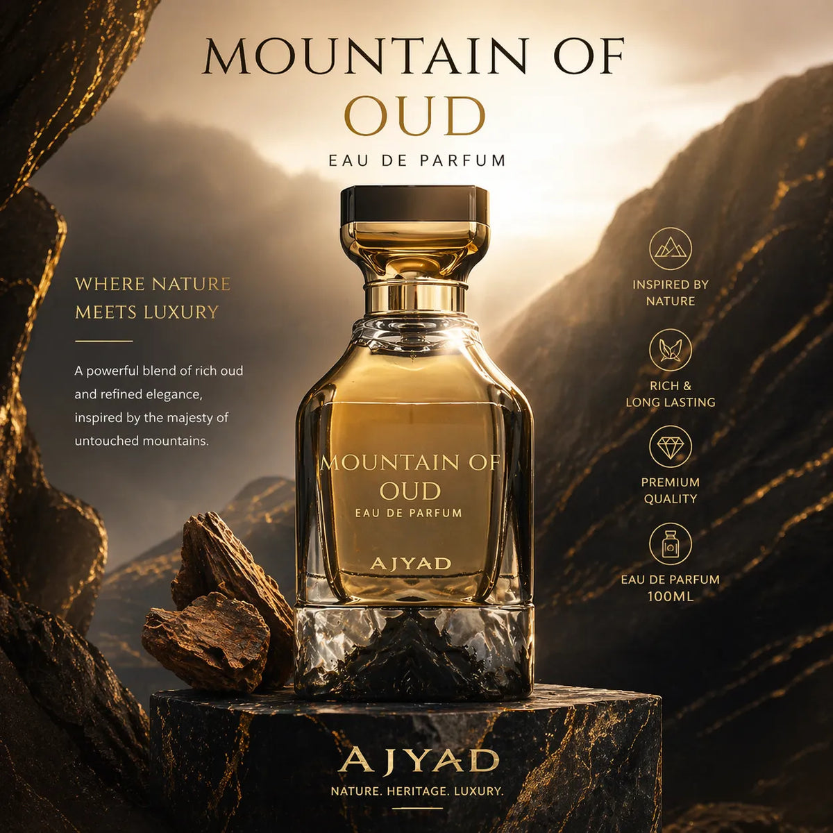Sweet Arabian Oud Perfume Mountain of Oud Ajyad – Close-up of premium oriental oud fragrance bottle