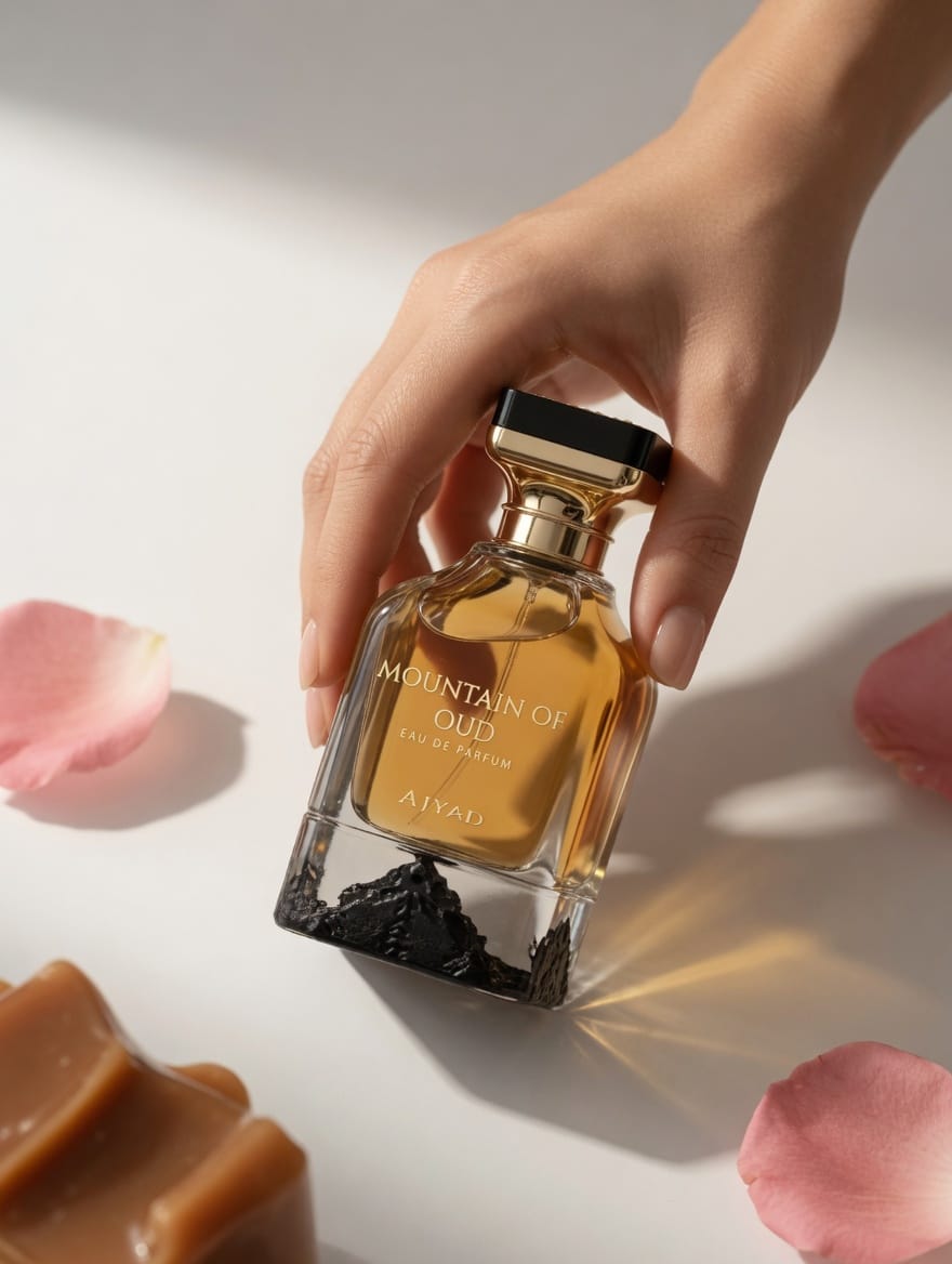 Sweet Arabian Oud Perfume Mountain of Oud Ajyad – Close-up of premium oriental oud fragrance bottle held by a lady