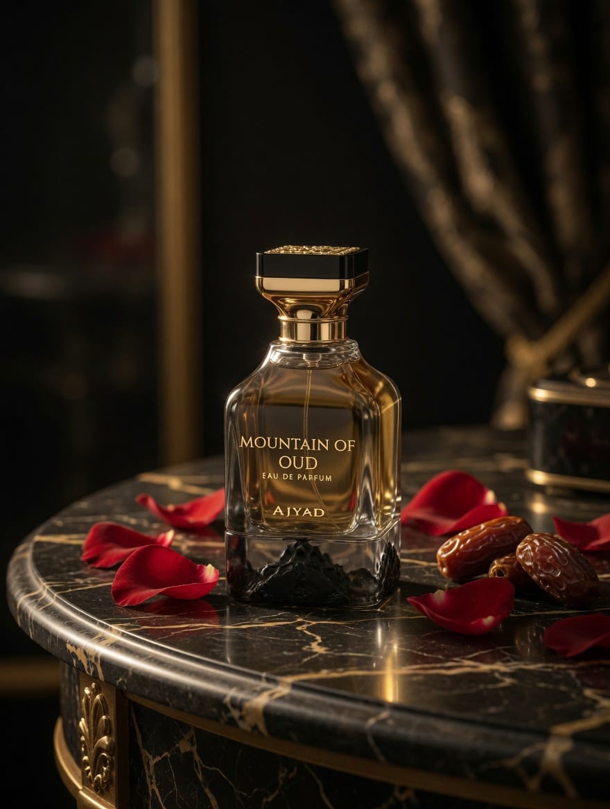 Sweet Arabian Oud Perfume Mountain of Oud Ajyad – Close-up of premium oriental oud fragrance bottle on a top