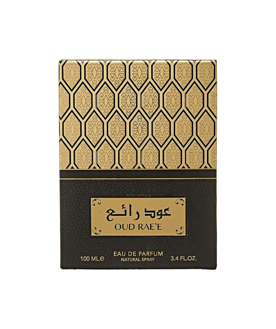 Oud Rae’e 100ml Eau de Parfum box with a gold geometric pattern and black base featuring Arabic and English text.