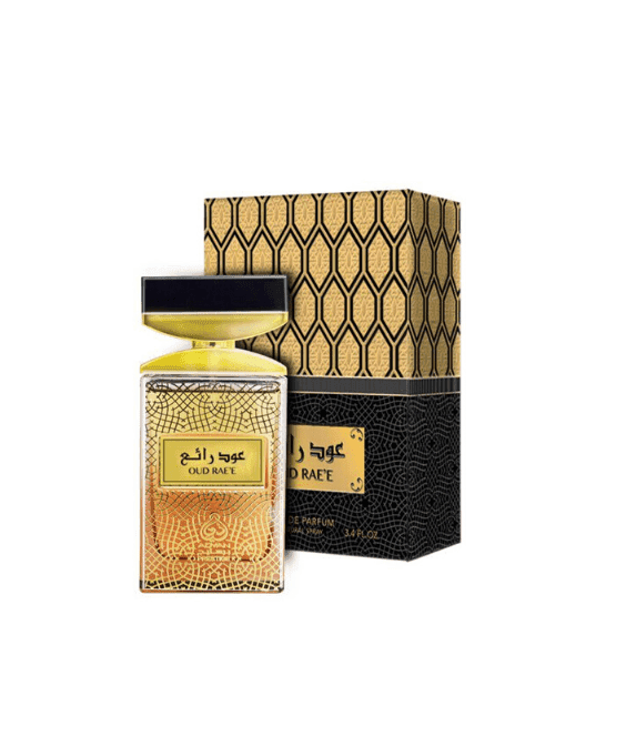 Oud Rae’e perfume bottle and black and gold geometric box by Adyan Prestige.