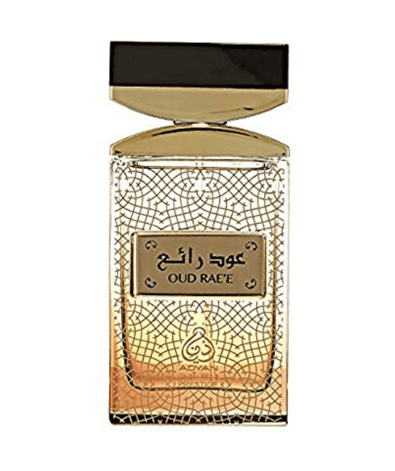 Adyan Oud Rae'e perfume bottle with an intricate gold filigree pattern and a gold and black cap.