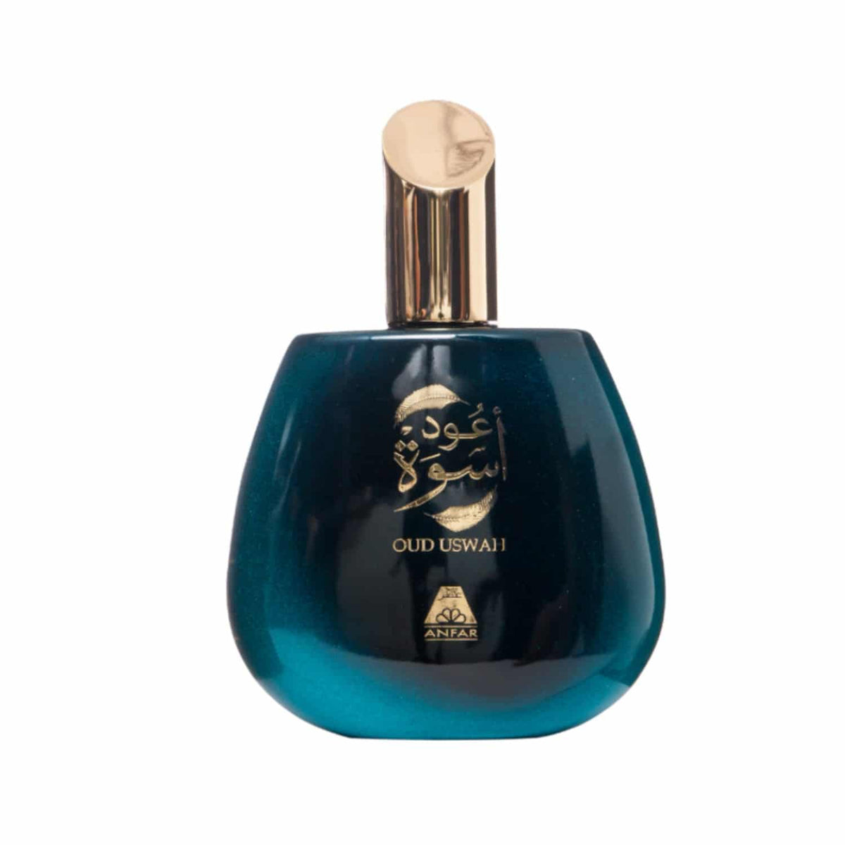 Teal glass Oud Uswah perfume bottle by Anfar with gold Arabic calligraphy and a beveled gold cap.