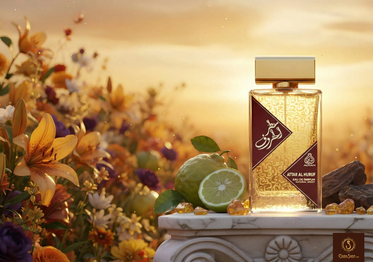 sweet fruity oud perfume that bridges the gap between aquatic freshness and oriental depth olfactory experience with Attar Al Haruf by Adyan. 100ml unisex edp.