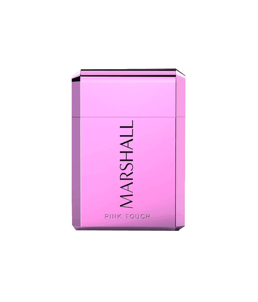 Sleek metallic pink Marshall Pink Touch perfume bottle with vertical black lettering.