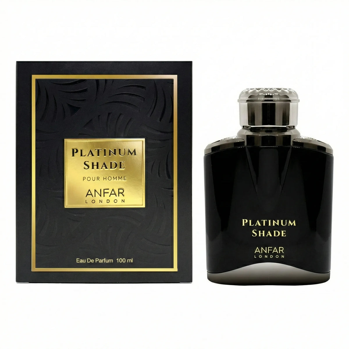 Platinum Shade by Anfar London Pour Homme 100ml perfume bottle next to its black and gold textured box.