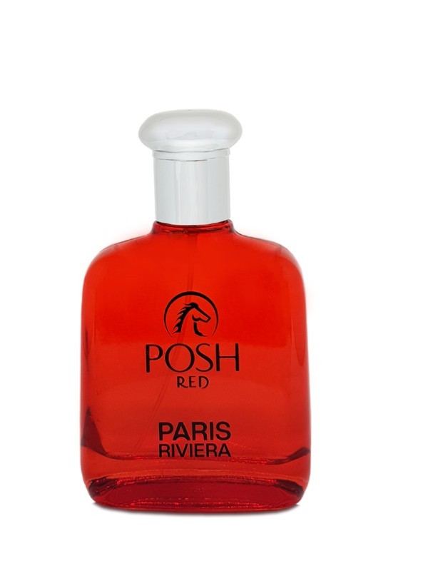 A red Posh Red Paris Riviera perfume bottle with a horse head logo and silver cap.