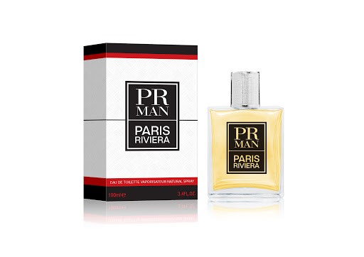 Paris Riviera PR Man Eau de Toilette 100ml bottle and white packaging box.