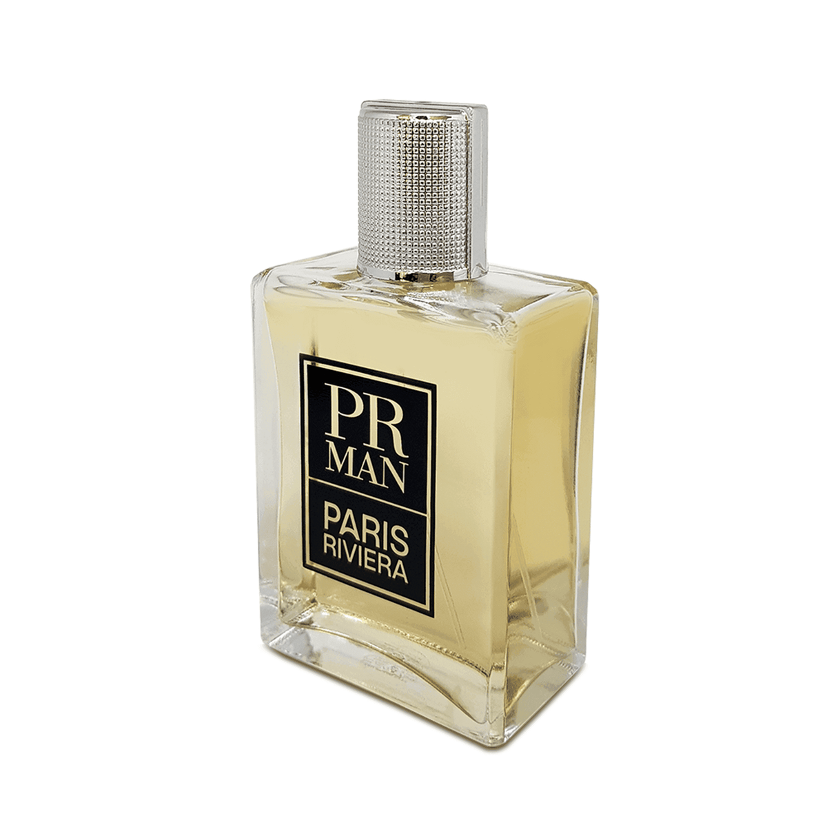 Rectangular glass bottle of PR Man Paris Riviera cologne with light yellow liquid and a textured silver cap.