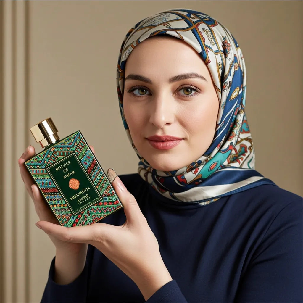 An opulent, gold-capped perfume bottle of Rituals of Meditation by Anfar London, with the Oudh Shop logo visible on the elegant packaging.