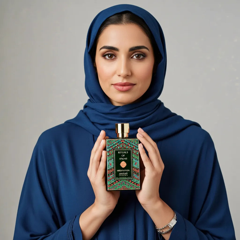 An opulent, gold-capped perfume bottle of Rituals of Meditation by Anfar London, with the Oudh Shop logo visible on the elegant packaging.