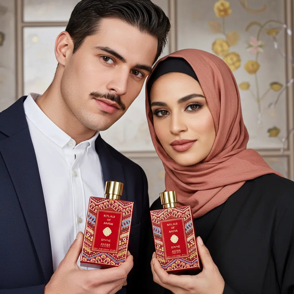A bottle of Anfar London's Rituals of Anfar Divine luxury arabian musk woodyperfume, with its elegant design, showcased on a clean background.