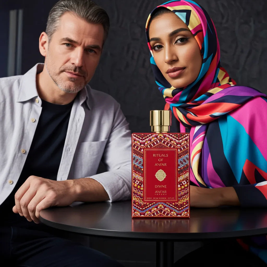 A bottle of Anfar London's Rituals of Anfar Divine luxury arabian musk woodyperfume, with its elegant design, showcased on a clean background.